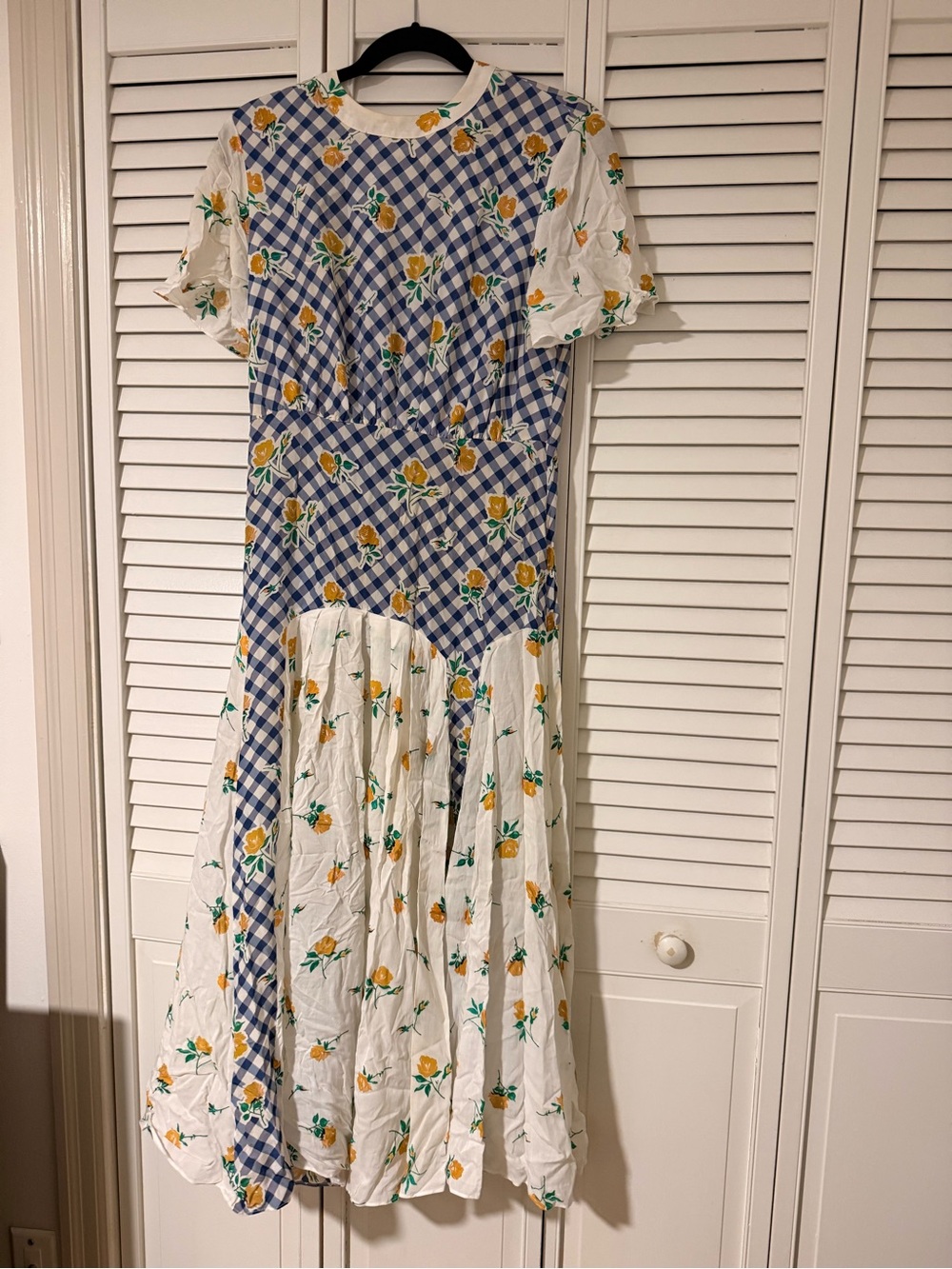 RIXO Blue Gingham and Yellow Floral Maxi Dress